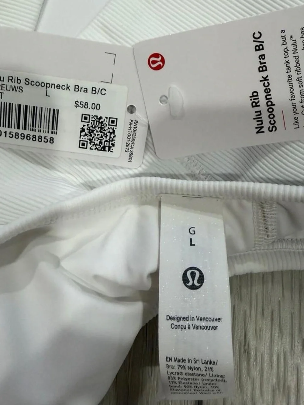 lululemon Nulu Rib Scoop Neck Bra in White. Light Support B/C Cup.